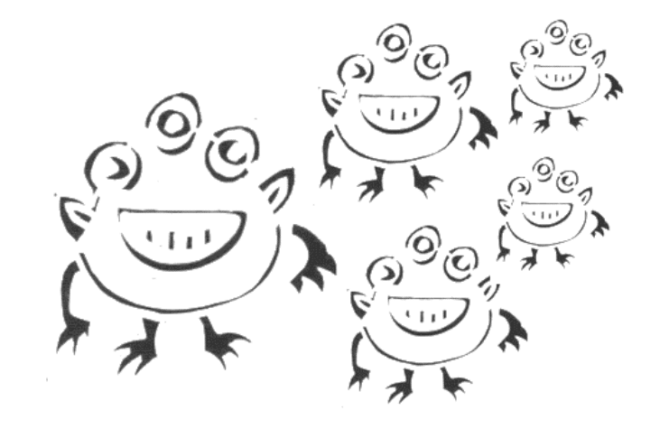 Linoleumstryk. Fem aliens (som beskrevet tidligere) i forskellige størrelser, alle med et stort smil.