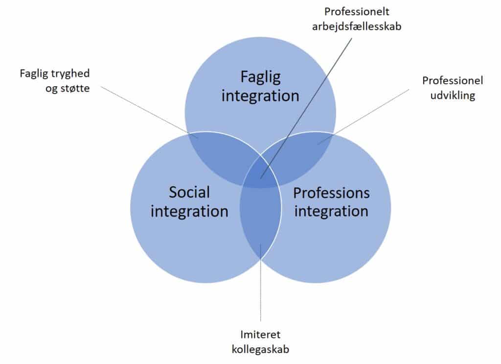Grafisk diagram. Venn-diagram over sammenhæng mellem Faglig, Social og Professions integration.